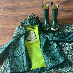 Dinosaur raincoat and boots.